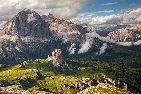 Panoramic view from the Nuvolau refuge overlooking the Cinque Torri and Tofane Mount, Dolomites, Cortina D'Ampezzo, Italy