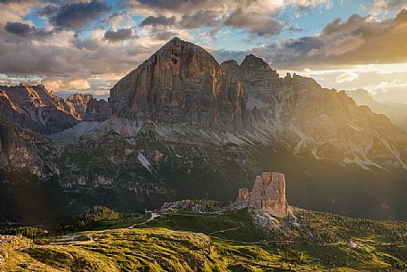 Panoramic view from the Nuvolau refuge overlooking the Cinque Torri and Tofane Mount, Dolomites, Cortina D'Ampezzo, Italy