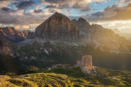 Panoramic view from the Nuvolau refuge overlooking the Cinque Torri and Tofane Mount, Dolomites, Cortina D'Ampezzo, Italy Panoramic view from the Nuvolau refuge overlooking the Cinque Torri and Tofane Mount, Dolomites, Cortina D'Ampezzo, Italy