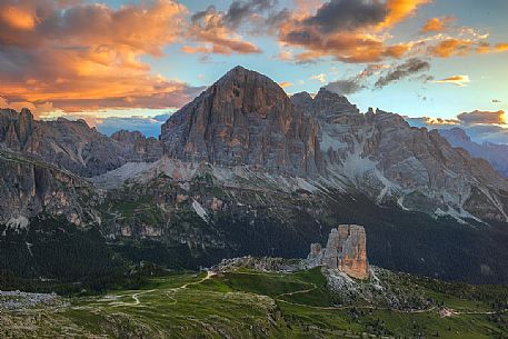 Panoramic view from the Nuvolau refuge overlooking the Cinque Torri and Tofane Mount, Dolomites, Cortina D'Ampezzo, Italy Panoramic view from the Nuvolau refuge overlooking the Cinque Torri and Tofane Mount, Dolomites, Cortina D'Ampezzo, Italy