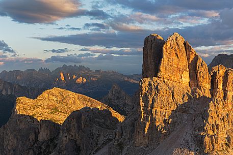 Mount Averau from the Nuvolau refuge illuminated by early dawn lights, Dolomites, Cortina D'Ampezzo, Italy