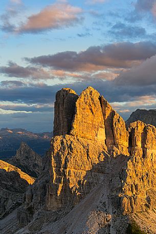 Mount Averau from the Nuvolau refuge illuminated by early dawn lights, Dolomites, Cortina D'Ampezzo, Italy