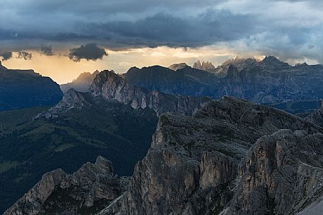 A strong tempest knocks over the Odle group photographed by the Nuvolau refuge, Dolomites, Cortina D'Ampezzo, Italy