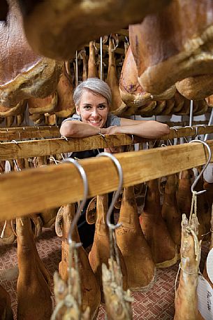 Monica D'Osvaldo in the historic ham company D'Osvaldo in Cormons, Friuli Venezia Giulia, Italy