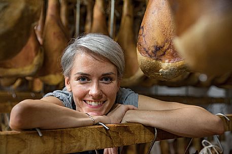Monica D'Osvaldo in the historic ham company D'Osvaldo in Cormons, Friuli Venezia Giulia, Italy