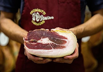 Piece of ham of the historic ham company d'Osvaldo in Cormons, Friuli Venezia Giulia, Italy