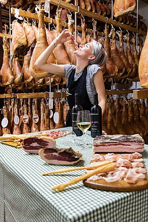 Monica D'Osvaldo in the historic ham company d'Osvaldo in Cormons, Friuli Venezia Giulia, Italy