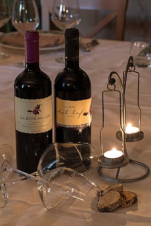 Wine bottles of the farm 'La Buse dal Lof of the historic restaurant Al Monastero in Cividale del Friuli, Friuli Venezia Giulia, Italy Wine bottles of the farm 'La Buse dal Lof of the historic restaurant Al Monastero in Cividale del Friuli, Friuli Venezia Giulia, Italy