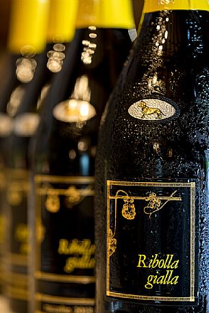 Bottles of Ribolla Gialla spumantizzata of the wine-growing company Eugenio Collavini in Corno di Rosazzo, Friuli Venezia Giulia, Italy