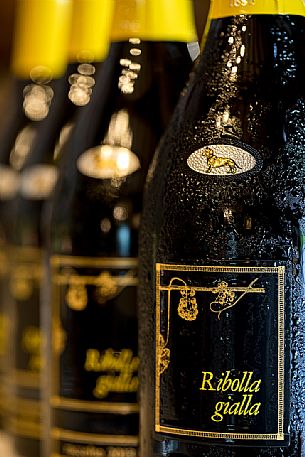 Bottles of Ribolla Gialla spumantizzata of the wine-growing company Eugenio Collavini in Corno di Rosazzo, Friuli Venezia Giulia, Italy Bottles of Ribolla Gialla spumantizzata of the wine-growing company Eugenio Collavini in Corno di Rosazzo, Friuli Venezia Giulia, Italy