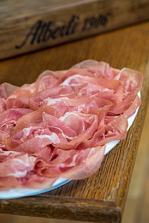 Ham' s dish of the Casa del Prosciutto of the Alberti family in San Daniele del Friuli, Friuli Venezia Giulia, Italy
