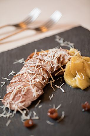 Goose breast with cren and apple served at the starred restaurant La Subida Trattoria al Cacciatore in Cormons, Friuli Venezia Giulia, Italy Goose breast with cren and apple served at the starred restaurant La Subida Trattoria al Cacciatore in Cormons, Friuli Venezia Giulia, Italy