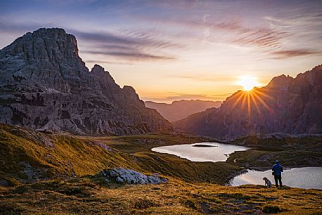 Sunrise on the Laghi dei Piani with mount Tre Scarperi on background near the Tre Cime di Lavaredo, Dolomites, South Tyrol, Italy