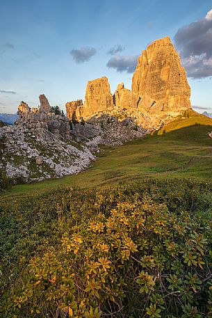 The  mountainous complex of Cinque Torri at sunset, Dolomites, Cortina d'Ampezzo, Italy