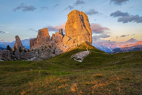 The  mountainous complex of Cinque Torri at sunset, Dolomites, Cortina d'Ampezzo, Italy