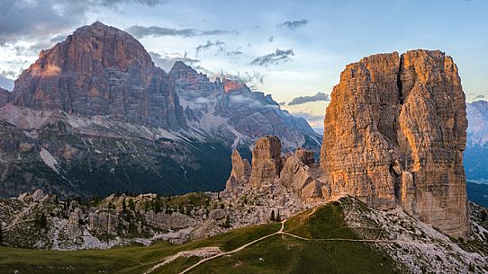 The  mountainous complex of Cinque Torri with the Tofana di Rozes on background at sunset, Dolomites, Cortina D'Ampezzo, Italy