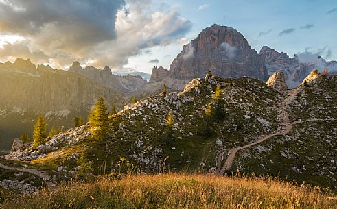 The Tofana di Rozes photographed by the complex of Cinque Torri at sunset, Dolomites, Cortina D'Ampezzo, Italy