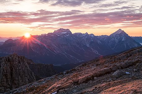 Sunrise from the terrace of the Lagazuoi refuge with the Sorapiss and Antelao in the background, Dolomites, Cortina d'Ampezzo, Italy
