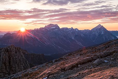 Sunrise from the terrace of the Lagazuoi refuge with the Sorapiss and Antelao in the background, Dolomites, Cortina d'Ampezzo, Italy Sunrise from the terrace of the Lagazuoi refuge with the Sorapiss and Antelao in the background, Dolomites, Cortina d'Ampezzo, Italy