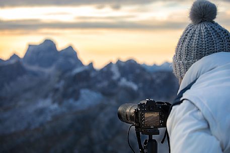 The photographed immortalizes the colors of a dawn on the Pelmo Mount from the Lagazuoi refuge, Dolomites, Cortina d'Ampezzo, Italy