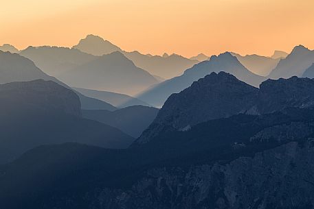 Silhouette of peaks at dawn photographed from the Lagazuoi refuge, Dolomites, Cortina d'Ampezzo, Italy