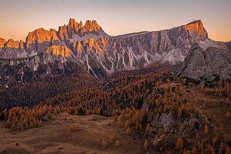Autumnal sunset in the Croda da Lago peak, Dolomites, Cortina d'Ampezzo, Italy