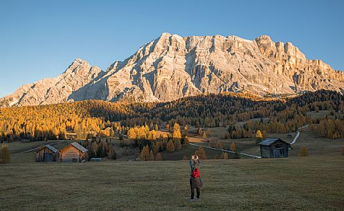 Tourist photographs the autumnal Armentara meadows in the Fanes Senes Braies natural park, Val Badia, Trentino Alto Adige, Italy