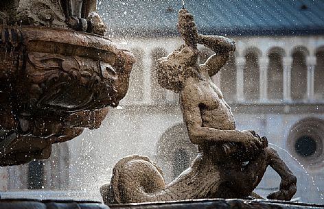 Detail of the Neptune fountain in Duomo Square, Trento, Trentino Alto Adige, Italy
