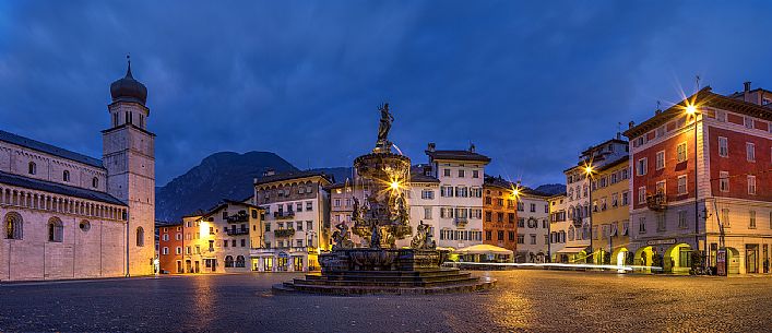 Duomo square with the Fountain of Nettuno at the twilight, Trento, Trentino Alto Adige, Italy