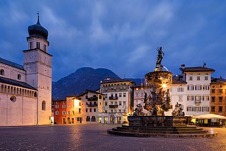 Duomo square with the Fountain of Nettuno at the twilight, Trento, Trentino Alto Adige, Italy