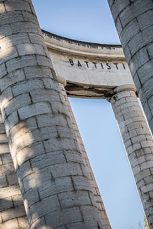 Detail of the mausoleum of Cesare Battisti on the top of Doss Trento, Trento, Trentino Alto Adige, Italy