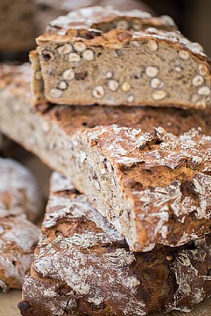 Whole grain bread exposed at the traditional festival of bread and strudel in Bressanone, Isarco vallley, Trentino Alto Adige, Italy, Europe Whole grain bread exposed at the traditional festival of bread and strudel in Bressanone, Isarco vallley, Trentino Alto Adige, Italy, Europe
