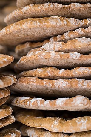 The puccia, typical tyrolean bread exposed during the traditional  bread and strudel Festival in Bressanone, Alto Adige, Italy, Europe