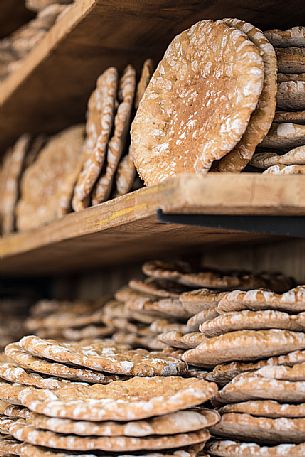 The puccia, typical tyrolean bread exposed during the traditional  bread and strudel Festival in Bressanone, Alto Adige, Italy, Europe