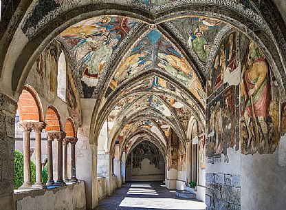 The cloister of the Duomo church with its Gothic frescoes, Bressanone, Isarco valley, Trentino Alto Adige, Italy