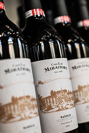 Bottles of red wine Barolo Paiagallo of the hystoric winery Casa E. of Mirafiore e Fontanafredda in Serralunga d'Alba, Langhe, Piedmont, Italy, Europe