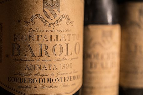 Bottles of Barolo wine from the historic winery Cordero di Montezemolo in the municipality of La Morra, Langhe, Unesco World Heritage, Piedmont, Italy, Europe