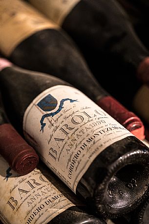 Old Bottles of Barolo wine from the historic winery Cordero di Montezemolo in the municipality of La Morra, Langhe, Unesco World Heritage, Piedmont, Italy, Europe