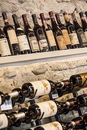 Historical Bottles of Barolo from the Barolo regional wine shop, Langhe, Unesco World Heritage, Piedmont, Italy, Europe