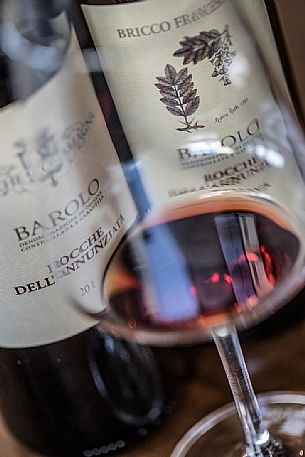 Bottles and glass of Barolo wine from the historic winery Rocche di Costamagna in the La Morra county, Langhe, Unesco World Heritage, Piedmont, Italy, Europe