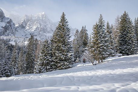The church at the Passo Monte Croce Comelico on the path that leads to the Malga Nemes, Sesto, Pusteria valley, Trentino Alto Adige, Italy,Europe