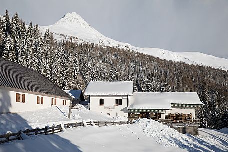 The Coltrondo refuge covered by snow, on background the Col Quatern, Comelico Superiore, dolomites, Veneto, Italy, Europe