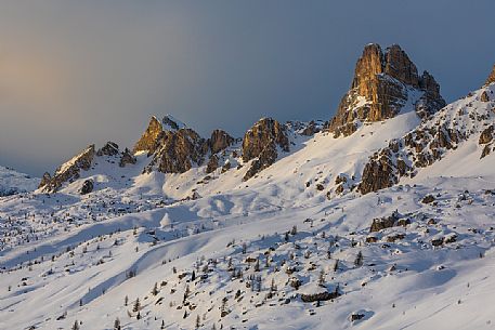 Timid sunset on the Averau mount from Passo Giau, Cortina d'Ampezzo, dolomites, Veneto, Italy, Europe