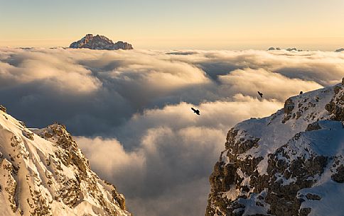 Sea of clouds from the Lagazuoi refuge, on background the Civetta mount,Cortina d'Ampezzo, dolomites, Veneto, Italy, Europe