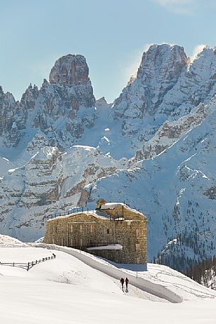 The fort of Prato Piazza with the Piz Popena and Cristallo mount on background, Prato Piazza, Braies, Trentino Alto Adige, Italy, Europe The fort of Prato Piazza with the Piz Popena and Cristallo mount on background, Prato Piazza, Braies, Trentino Alto Adige, Italy, Europe