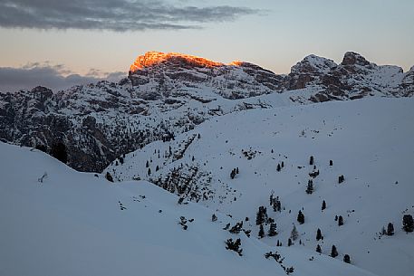 Last lights on the Croda dei Baranci form Prato Piazza, Braies, Trentino Alto Adige, Italy, Europe