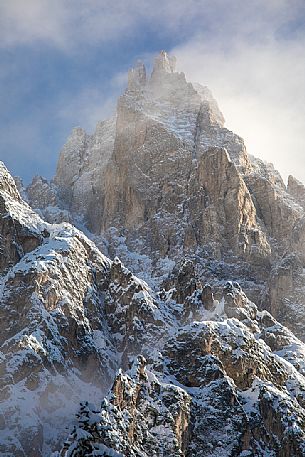 Punta Tre Scarperi shrouded by the clouds along the path to Tre Scarperi refuge, Sesto, Pusteria valley, Trentino Alto Adige, Italy, Europe