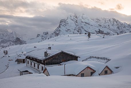 The Bosi refuge after an intense snowfall,Monte Piana, in the backgroundo the Cristatto mount, Auronzo di Cadore, Veneto, Italy, Europe The Bosi refuge after an intense snowfall,Monte Piana, in the backgroundo the Cristatto mount, Auronzo di Cadore, Veneto, Italy, Europe