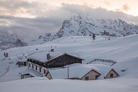 The Bosi refuge after an intense snowfall,Monte Piana, in the backgroundo the Cristatto mount, Auronzo di Cadore, Veneto, Italy, Europe