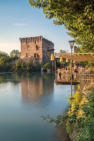 A view of the town of Borghetto, in the background the Visconteo bridge, Valeggio sul Mincio, Veneto, Italy, Europe